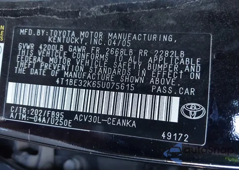 2005 Toyota Camry Std z USA, uszkodzony, nr VIN 4T1BE32K65U075615